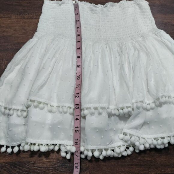 Aqua White Smocked Hips Pom-Pom Trim Ruffled Tiered Mini Skirt Size Large - Picture 9 of 9